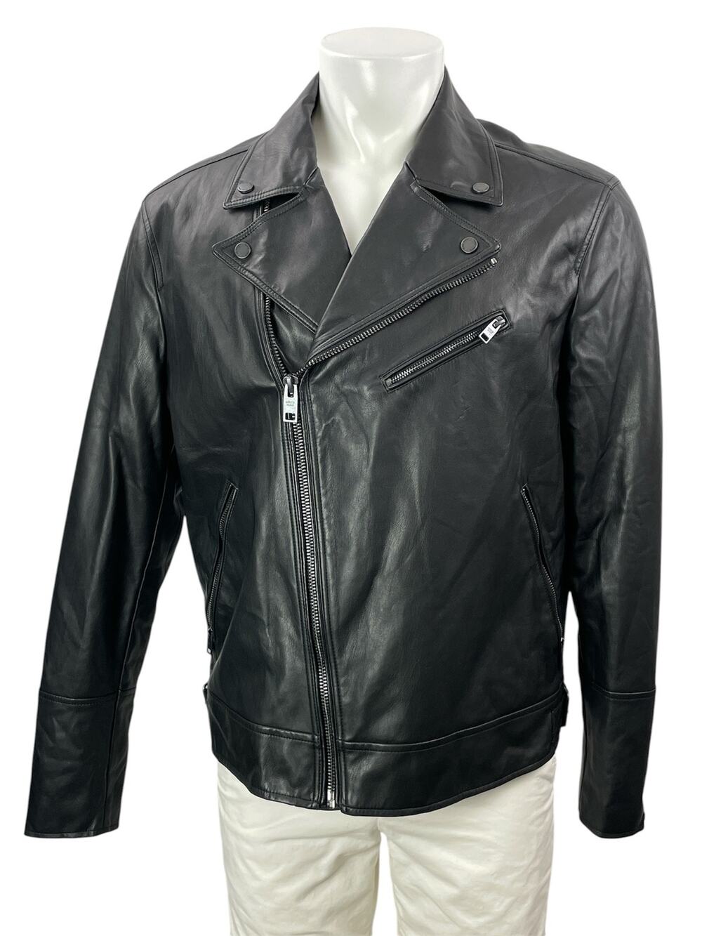 MNG Mango Men's Black Faux Leather Vegan Quilted Long Sleeve Moto Jacket Size XL